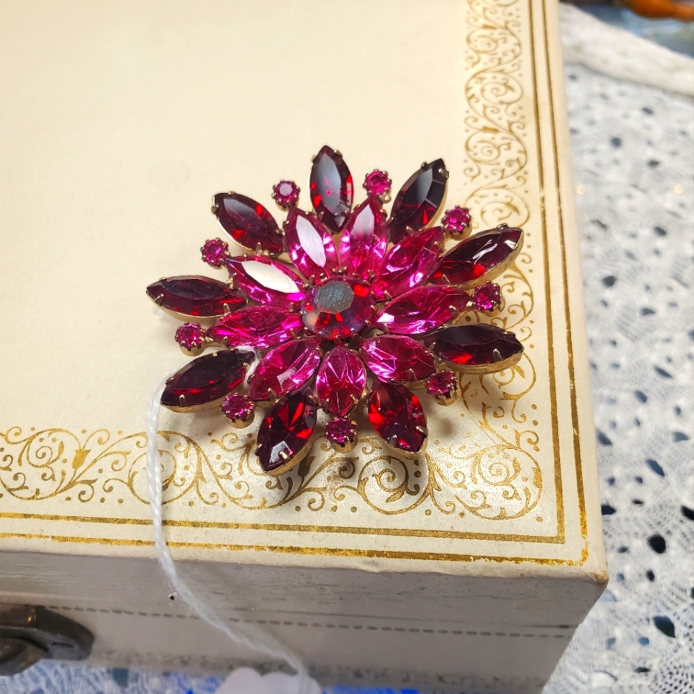 Vintage JULIANNA Pink Red AB Navette Rhinestones Gold Tone Brooch